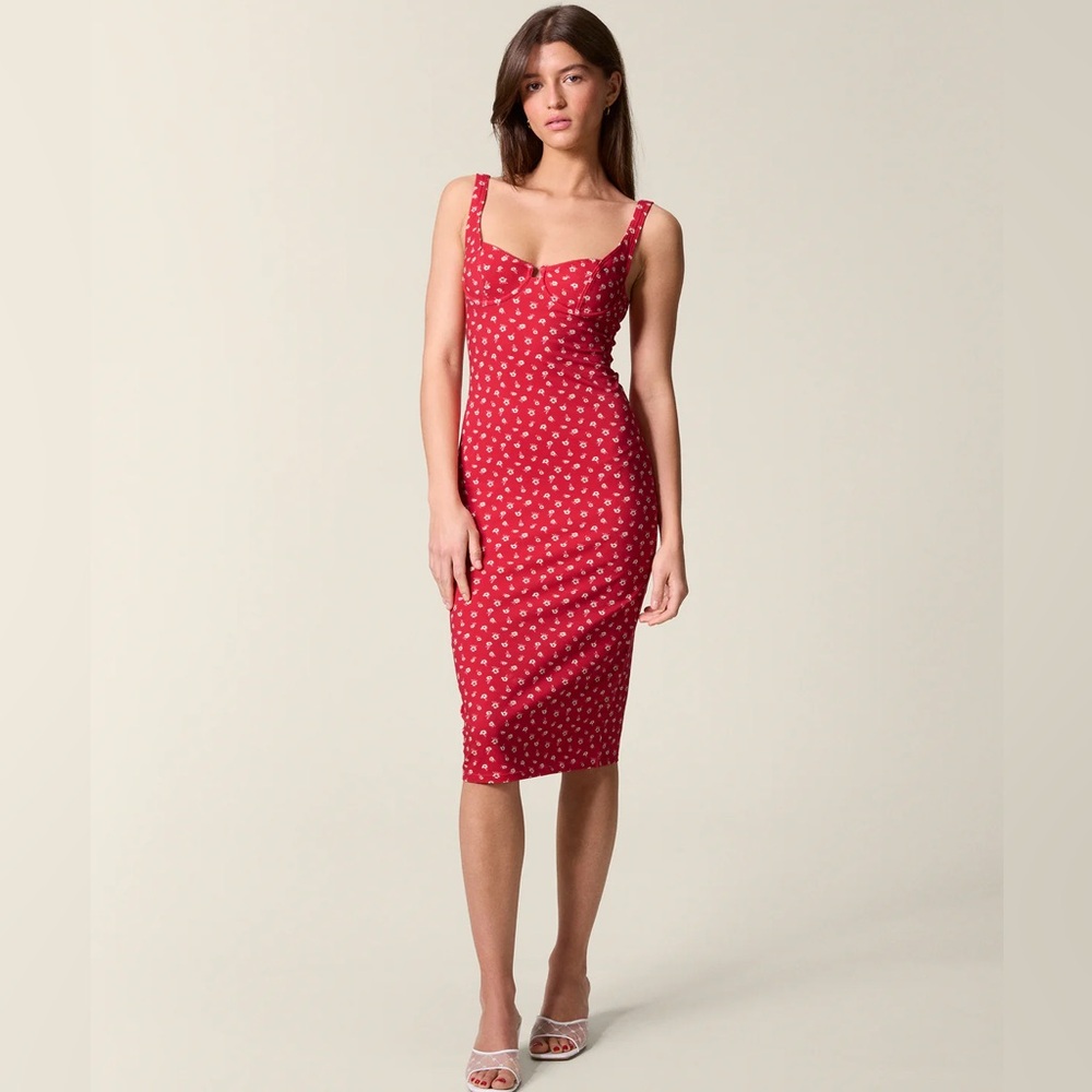 Rouje Arielle, red with flower print, midi dress, size FR 42